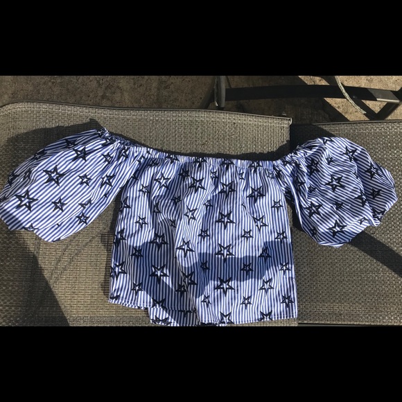 Romeo & Juliet Couture Tops - Blue and White Striped off the Shoulder crop top